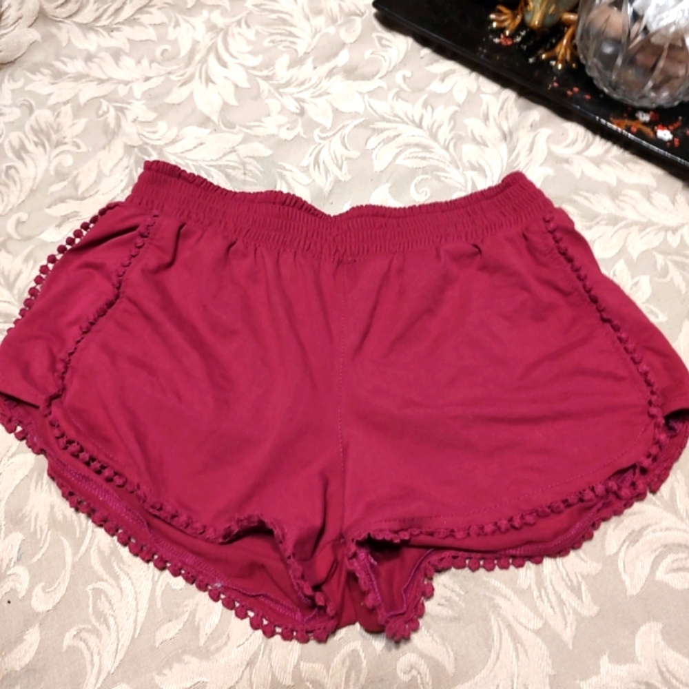 💗 Adorable Fuchsia Pink Double Side Panel Ball Tassel Cheeky Leisure Shorts - M
